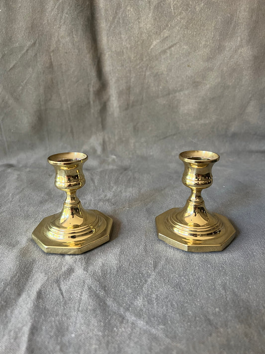 Pair of Vintage Solid Brass Short Candle Holders From Baldwin