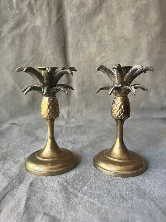 Pair of Vintage Pineapple Shaped Solid Brass Candle Holders