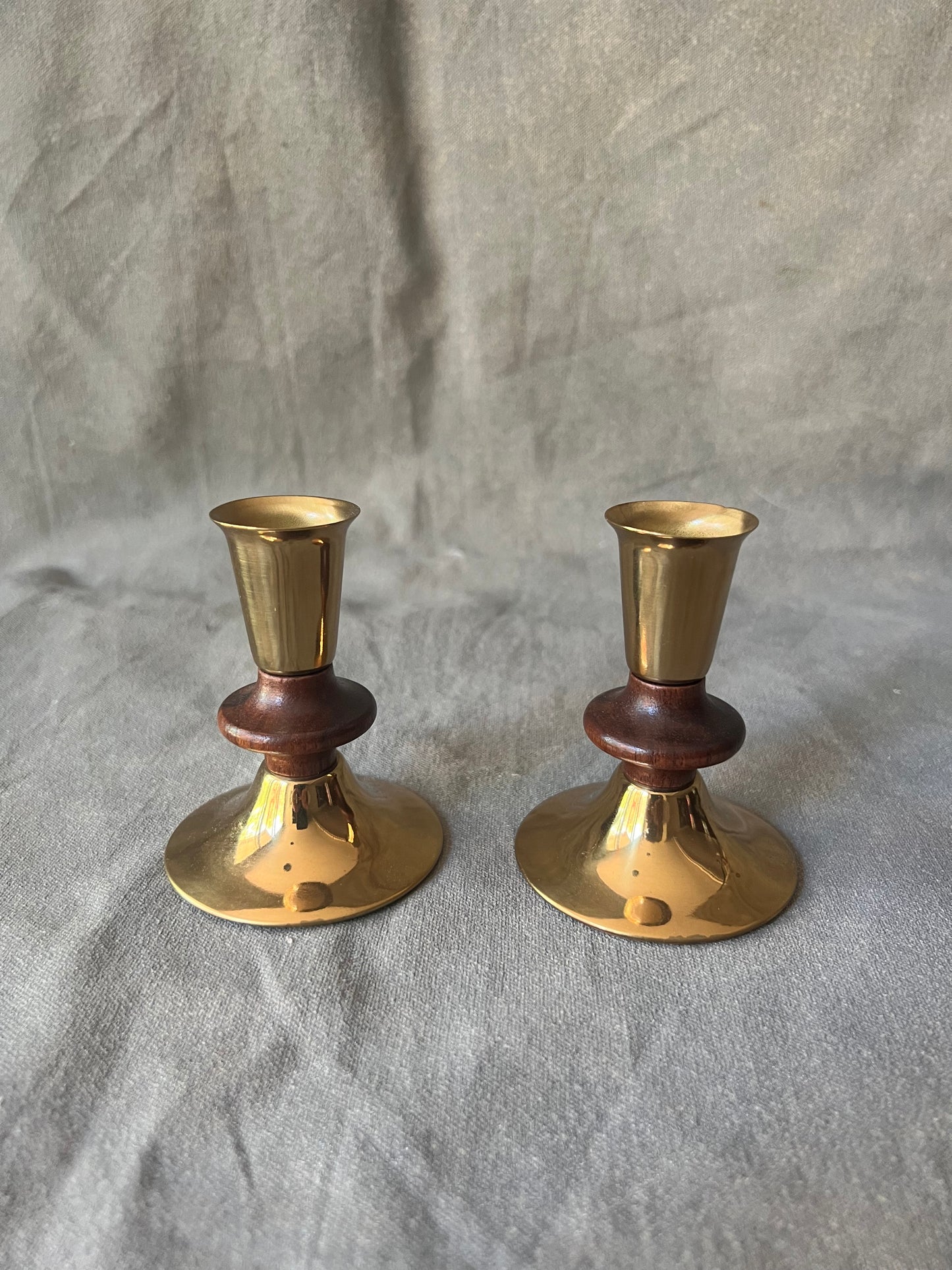 Pair of Vernco Mid-Century Modern Walnut and Brass Candle Holders