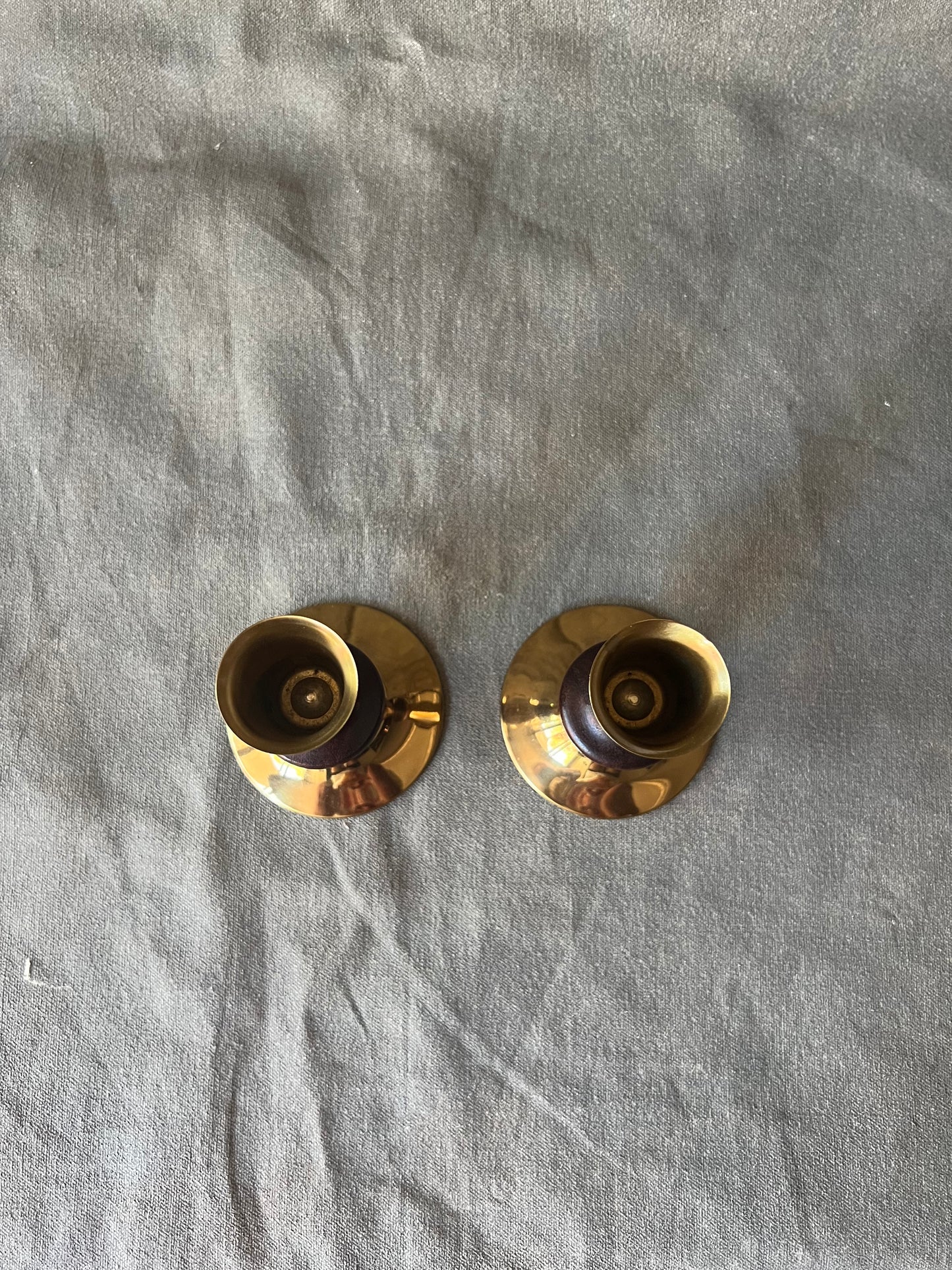 Pair of Vernco Mid-Century Modern Walnut and Brass Candle Holders