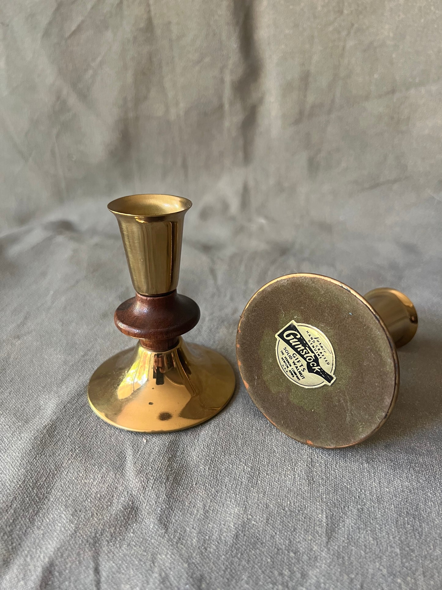 Pair of Vernco Mid-Century Modern Walnut and Brass Candle Holders