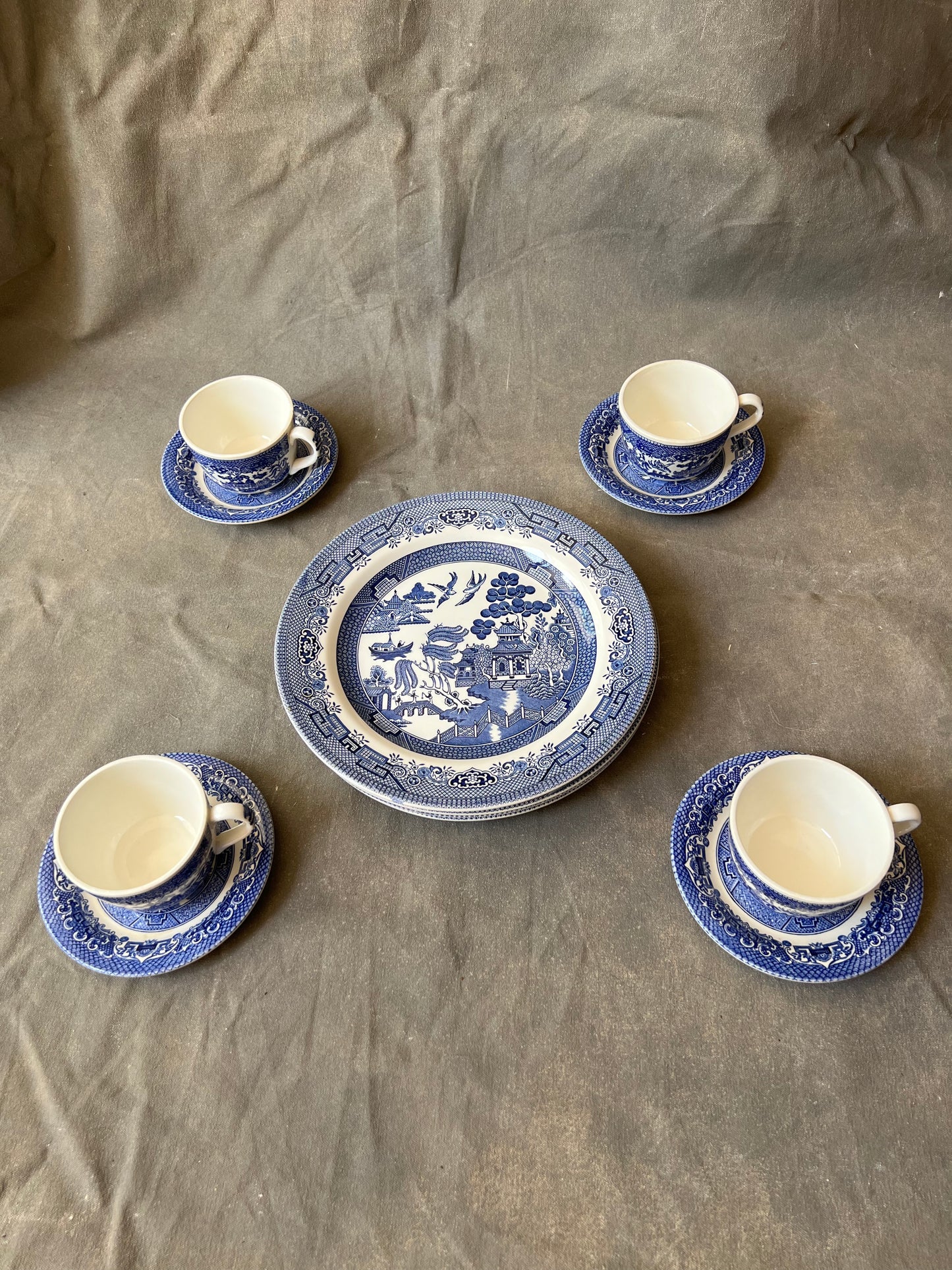 Service for Four Churchill Blue Willow Dinner Set (plate, cup, saucer)