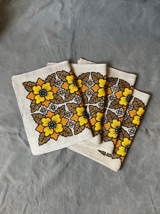 Set of Four Vintage Burlap Flower Print Placemats