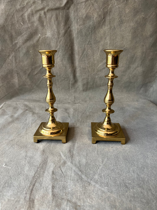 Pair of Vintage Solid Brass Square Based Pillar Candle Holders