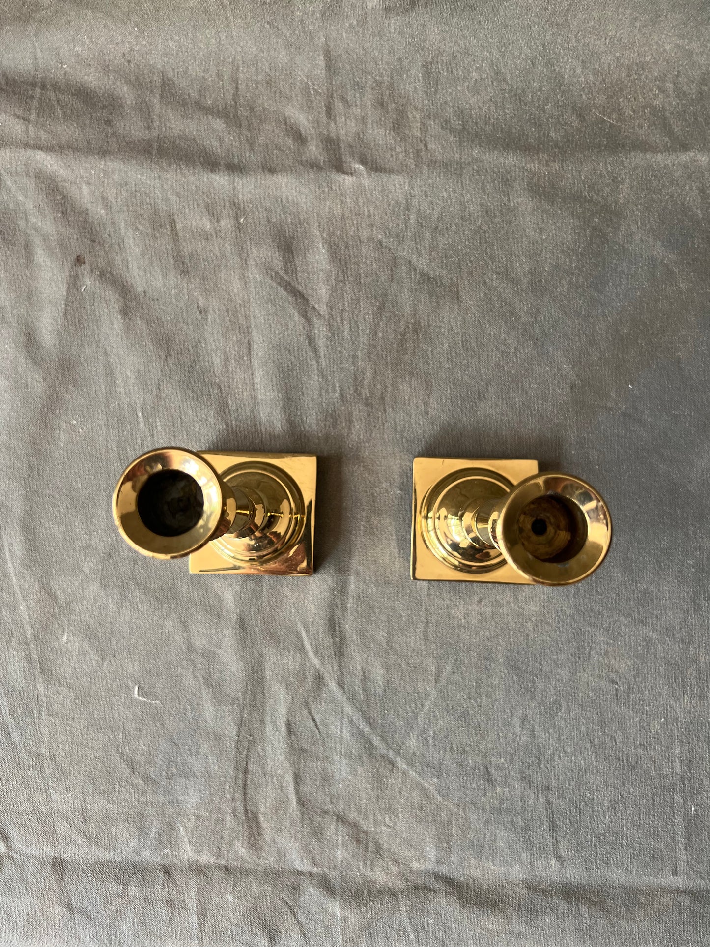 Pair of Vintage Solid Brass Square Based Pillar Candle Holders