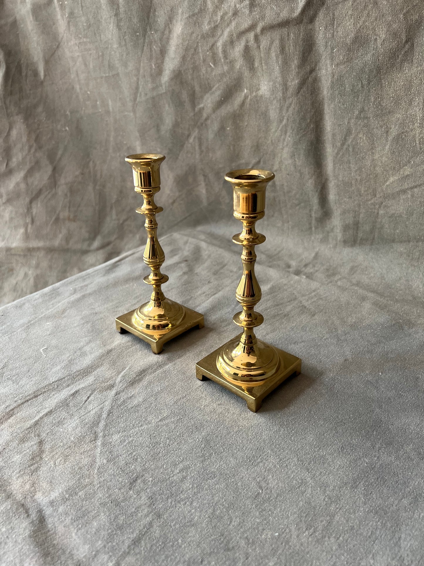 Pair of Vintage Solid Brass Square Based Pillar Candle Holders