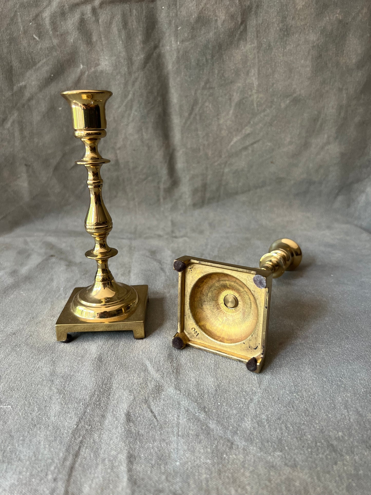 Pair of Vintage Solid Brass Square Based Pillar Candle Holders