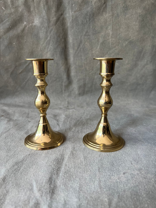 Pair of Vintage Solid Polished Brass Candle Holders