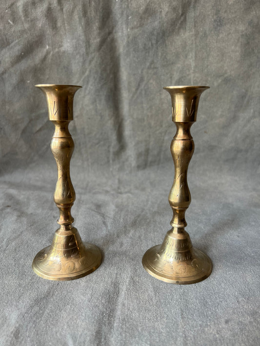 Pair of Vintage Brass Engraved Candle Holders