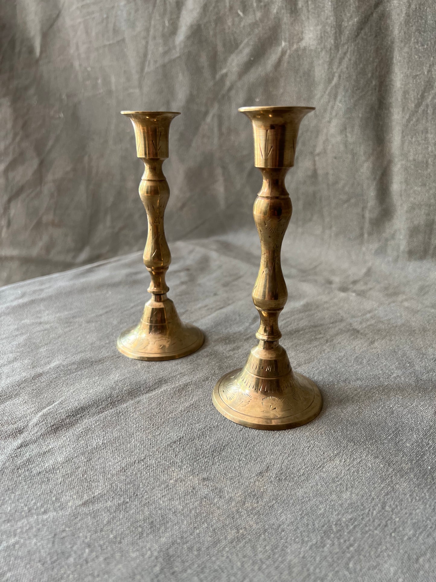 Pair of Vintage Brass Engraved Candle Holders