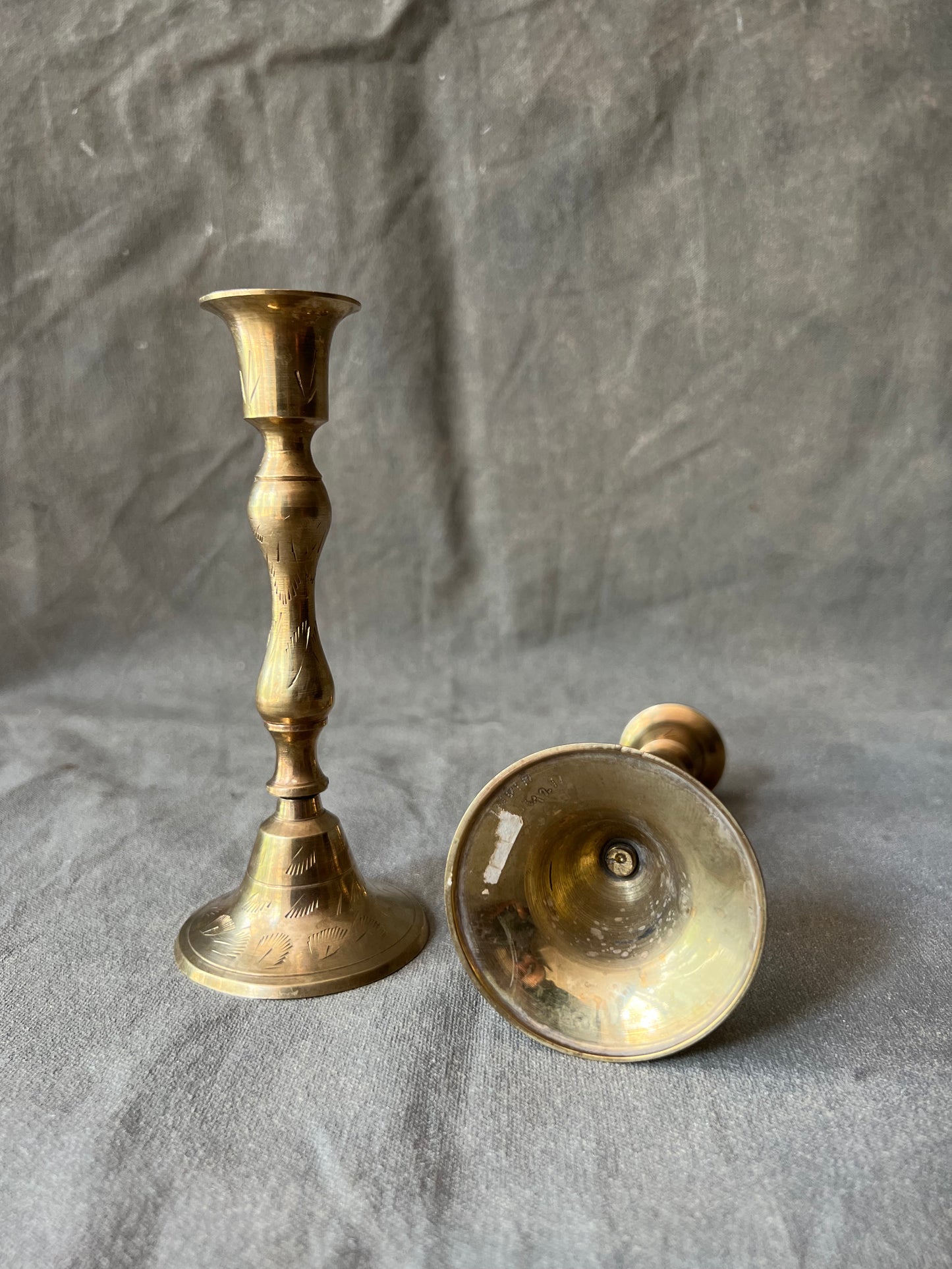 Pair of Vintage Brass Engraved Candle Holders