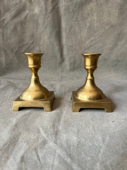 Pair of Vintage Solid Brass Square Base Candle Holder