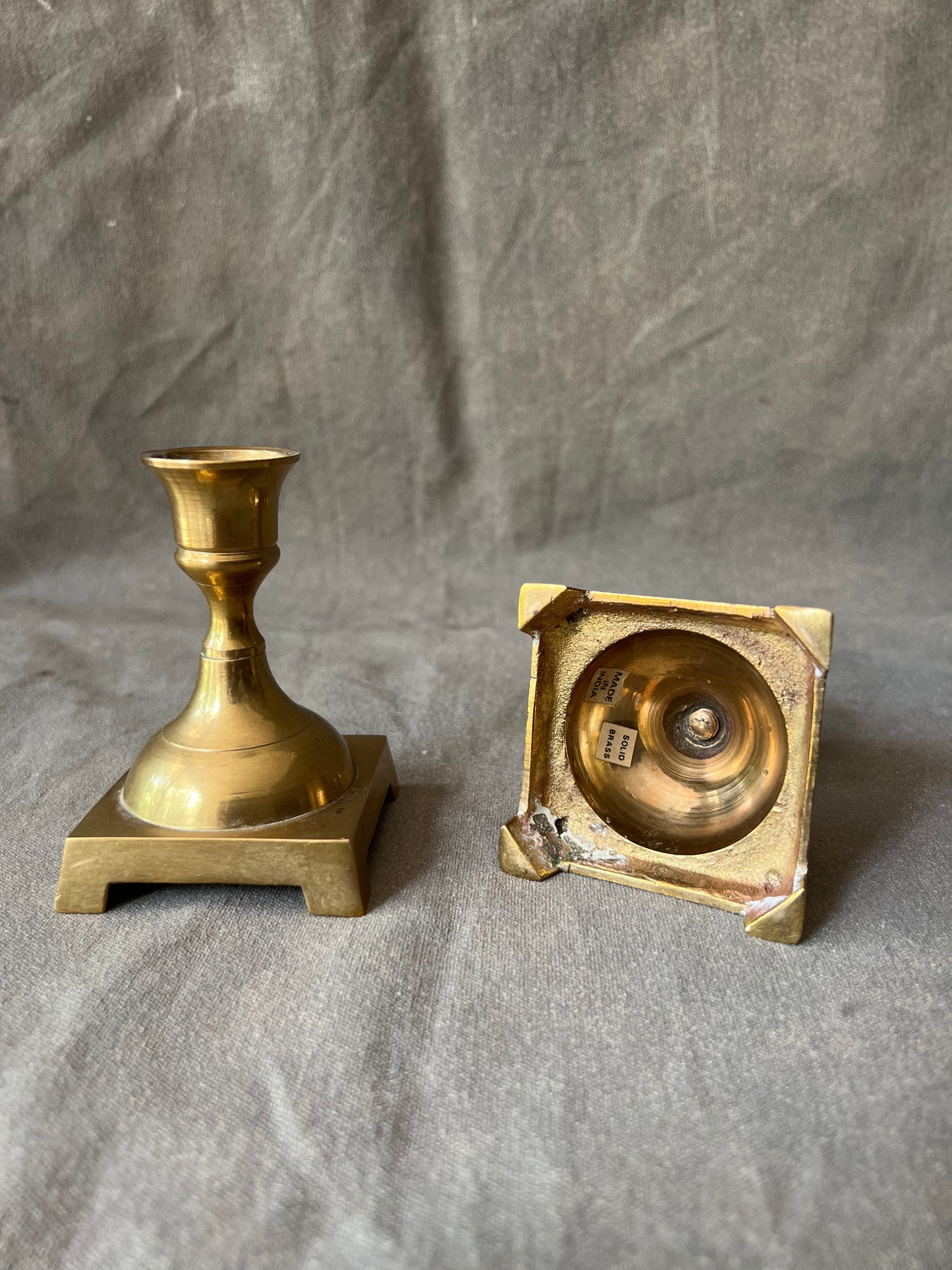 Pair of Vintage Solid Brass Square Base Candle Holder