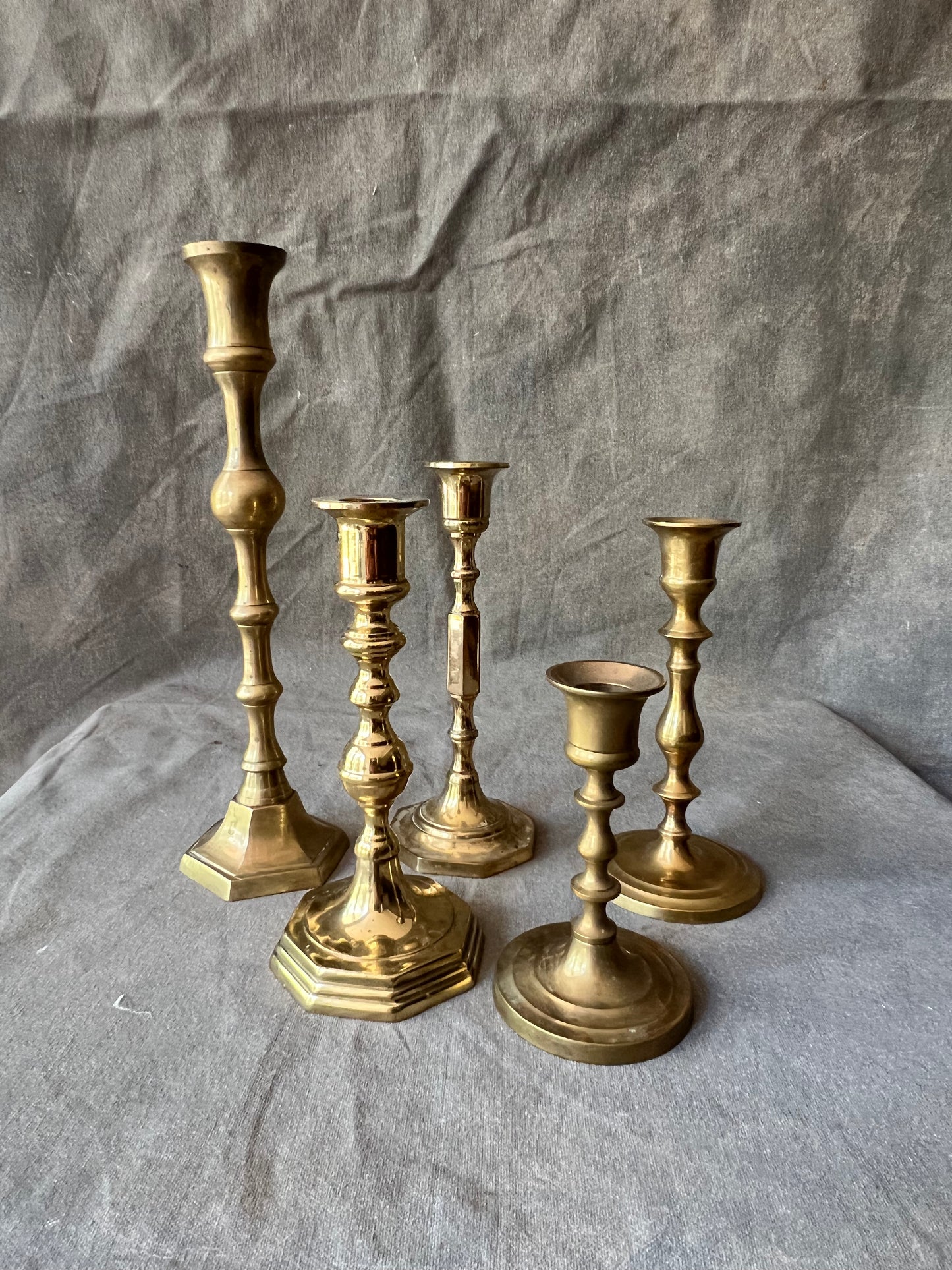 Set of Five Mismatched Vintage Brass Candle Holders