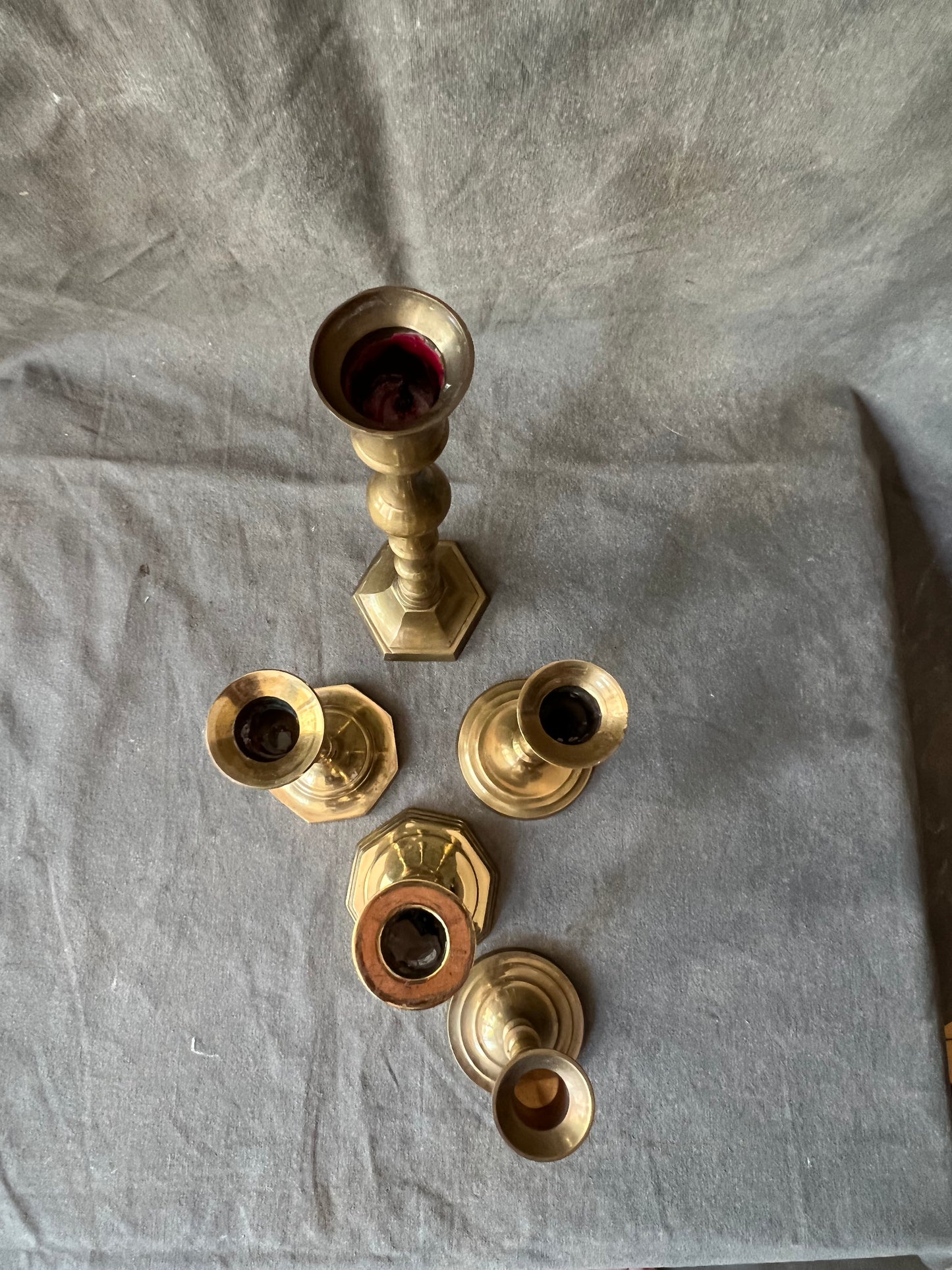 Set of Five Mismatched Vintage Brass Candle Holders