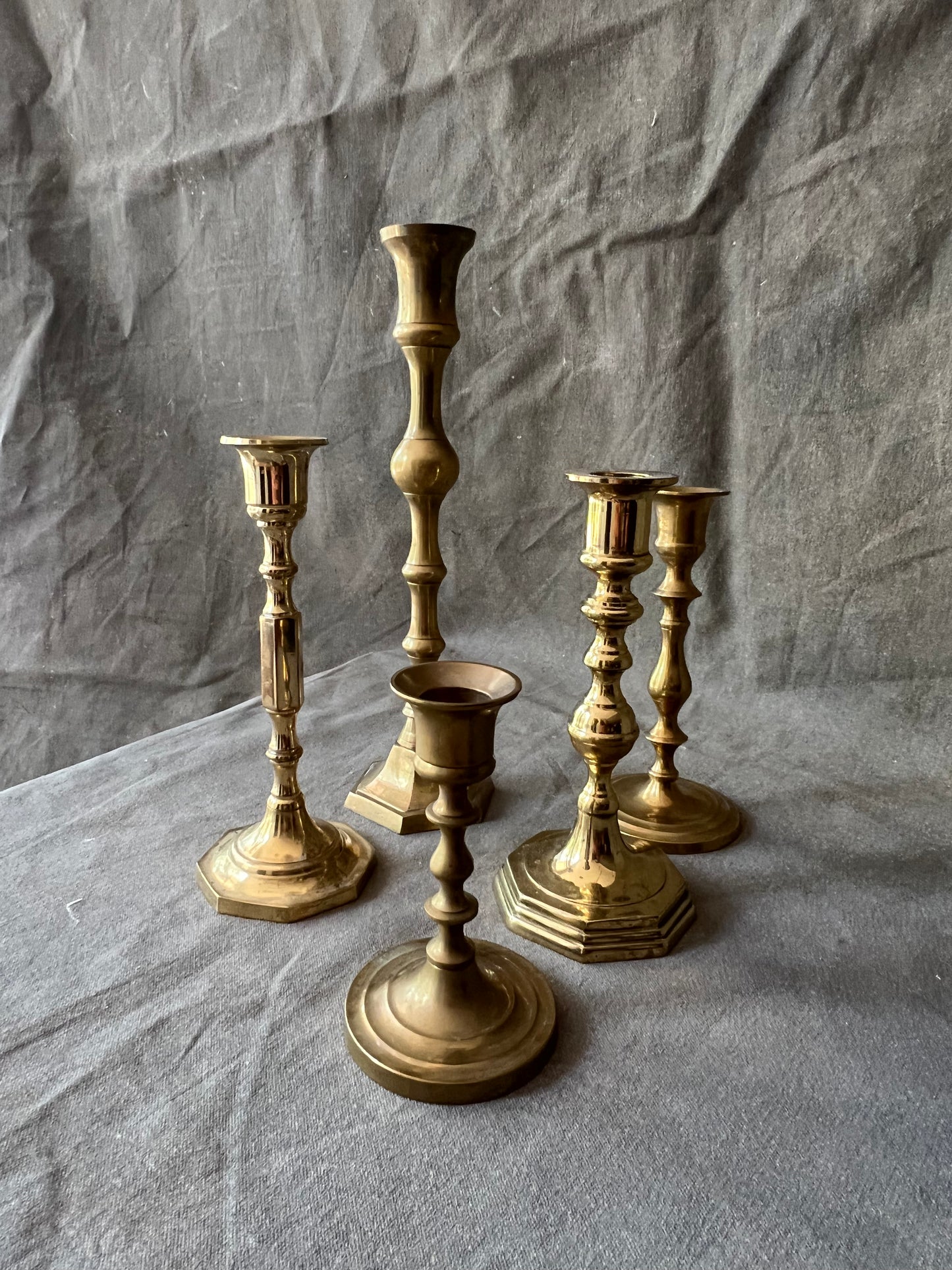 Set of Five Mismatched Vintage Brass Candle Holders