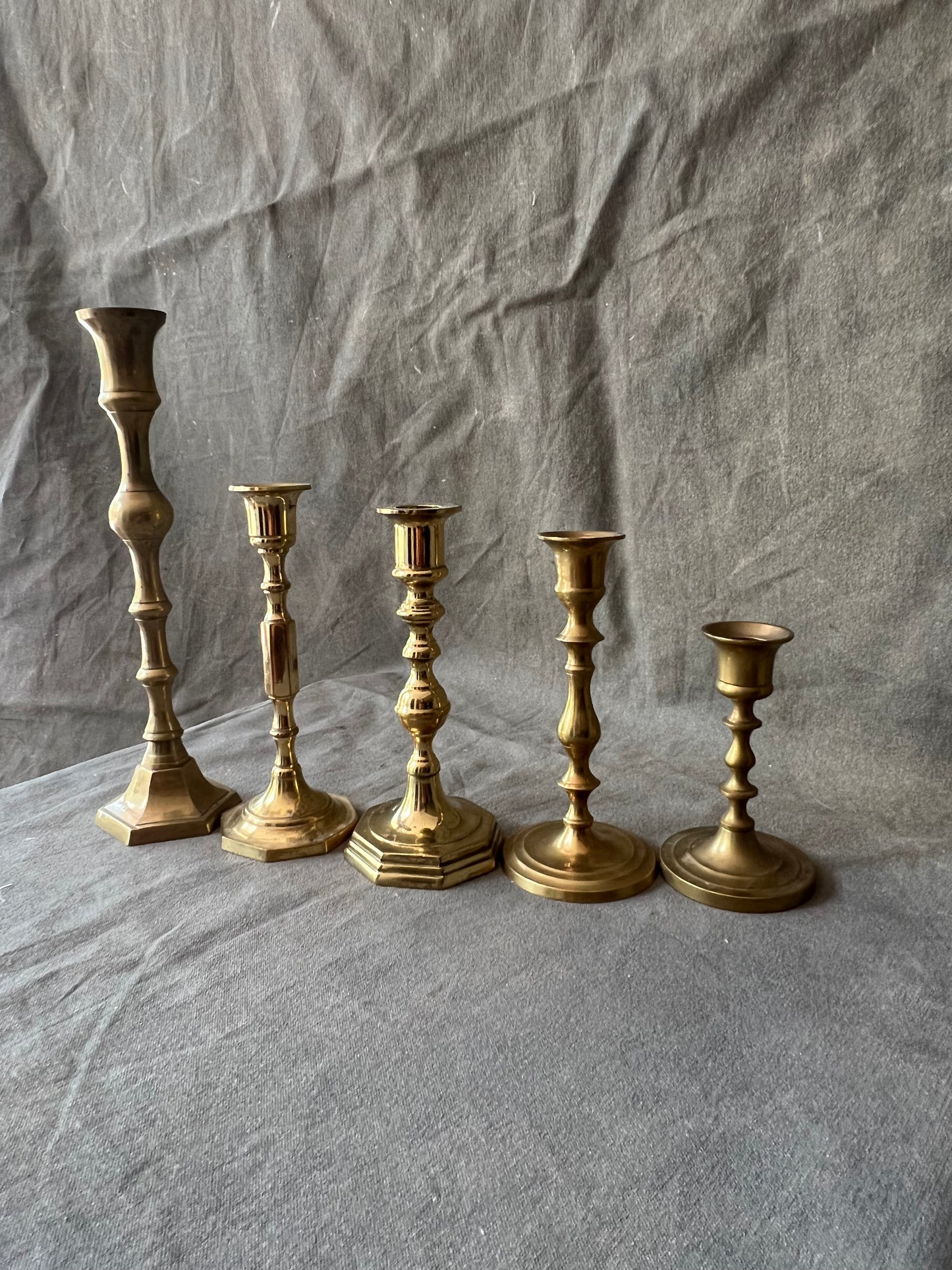 Set of Five Mismatched Vintage Brass Candle Holders