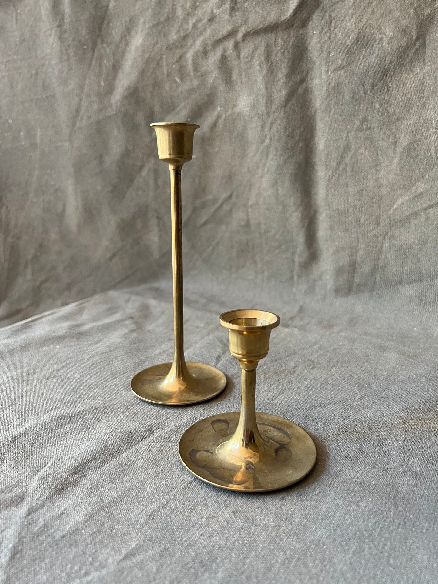 Pair of Mismatched Vintage Brass Thin Candle Holders