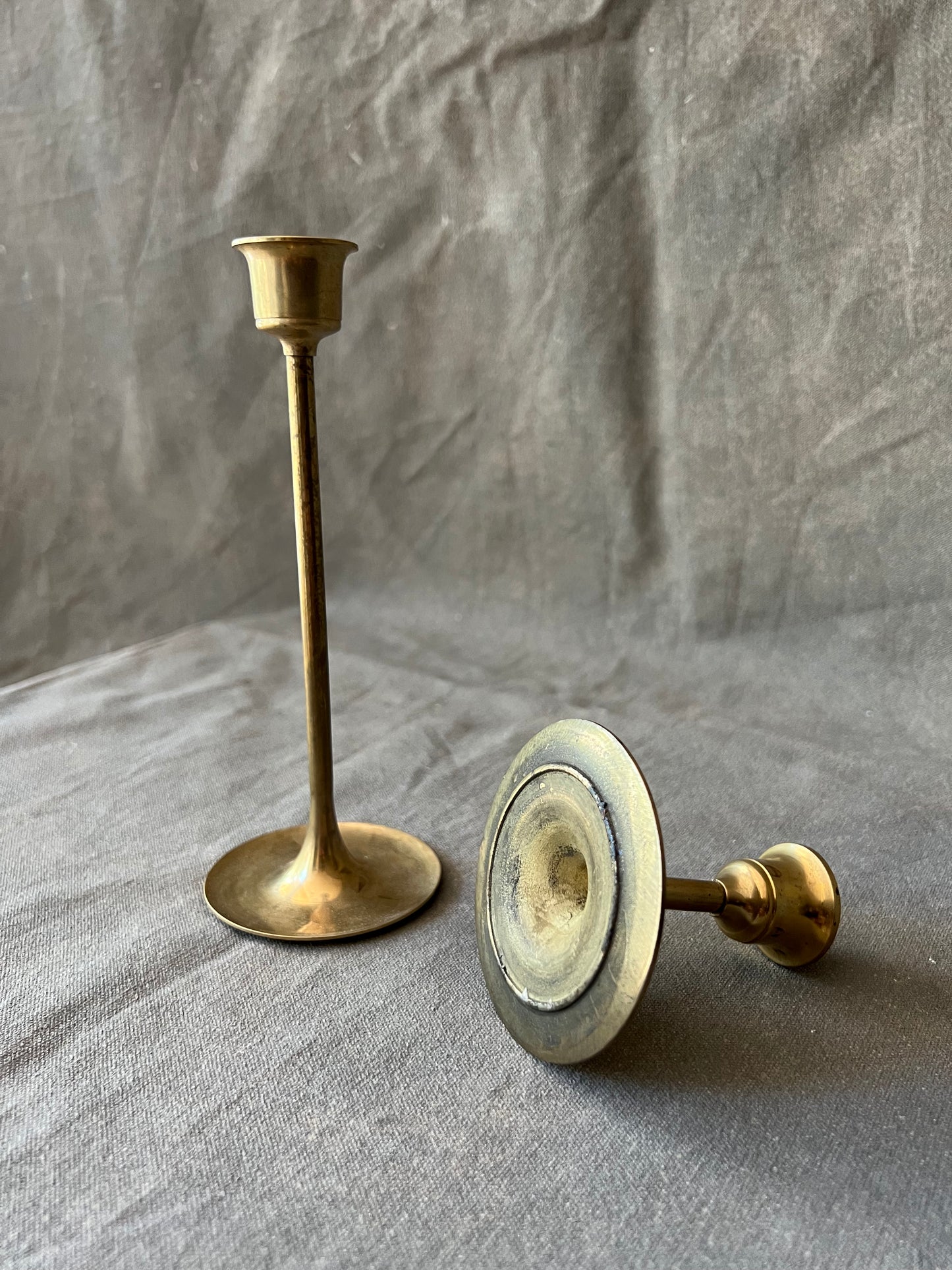 Pair of Mismatched Vintage Brass Thin Candle Holders