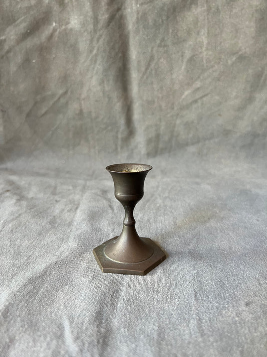 Single Brass Vintage Dark Hexagonal Bottom Candle Holder