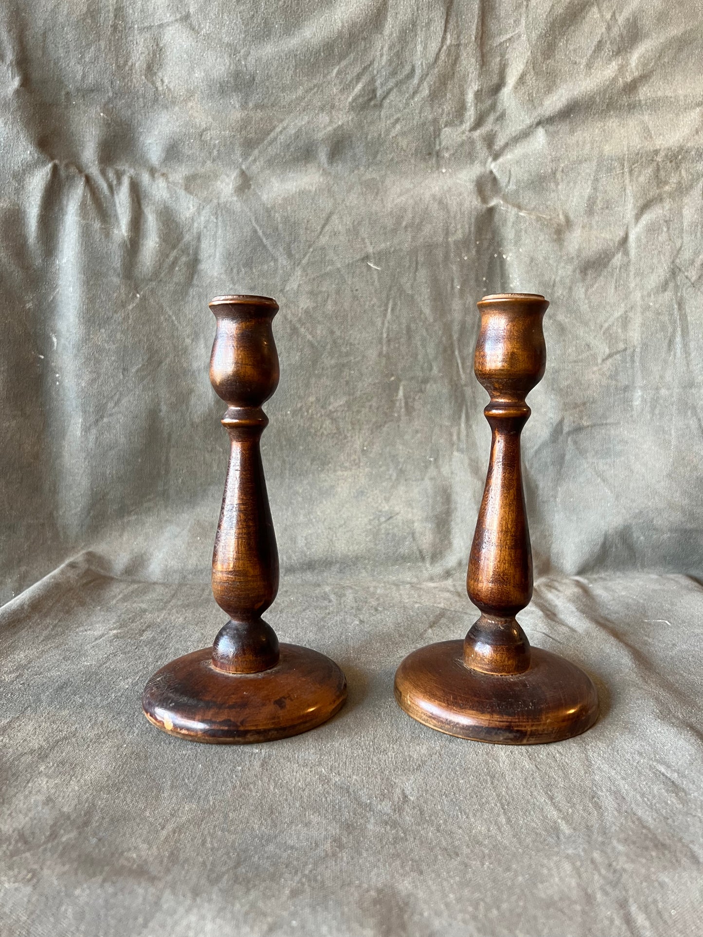 Pair of Vintage Turned Wood Dutch Style Candle Holders