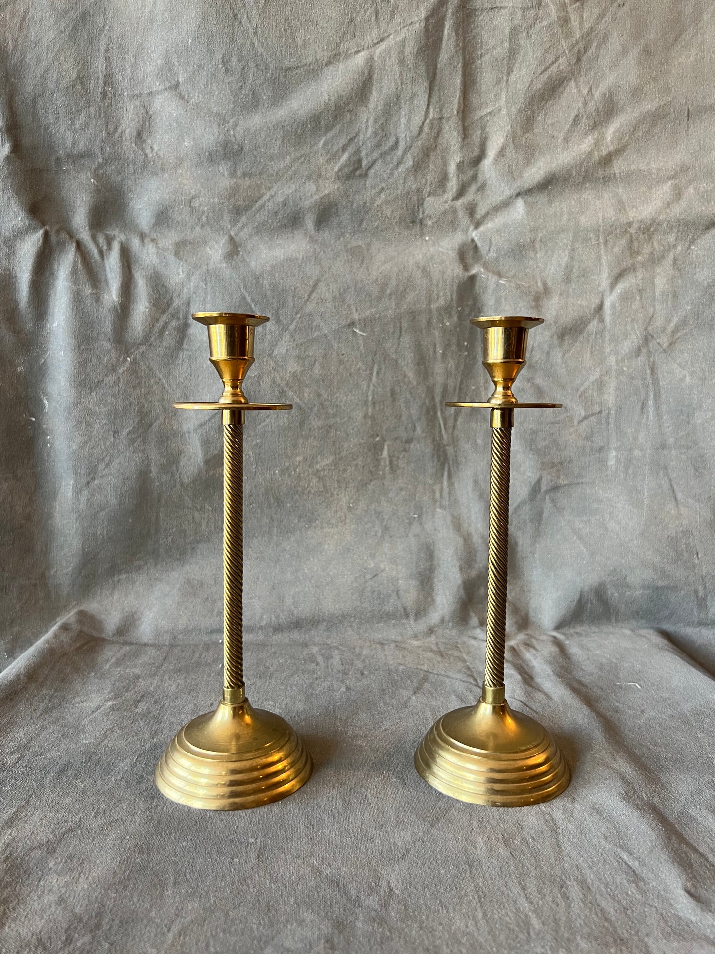 Pair of Vintage Solid Brass Candle Holders with Drip Tray