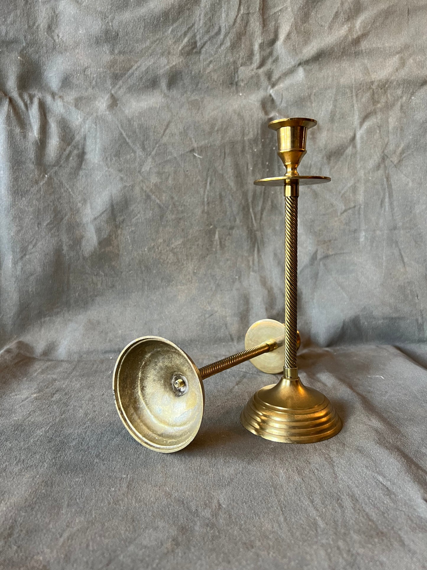 Pair of Vintage Solid Brass Candle Holders with Drip Tray