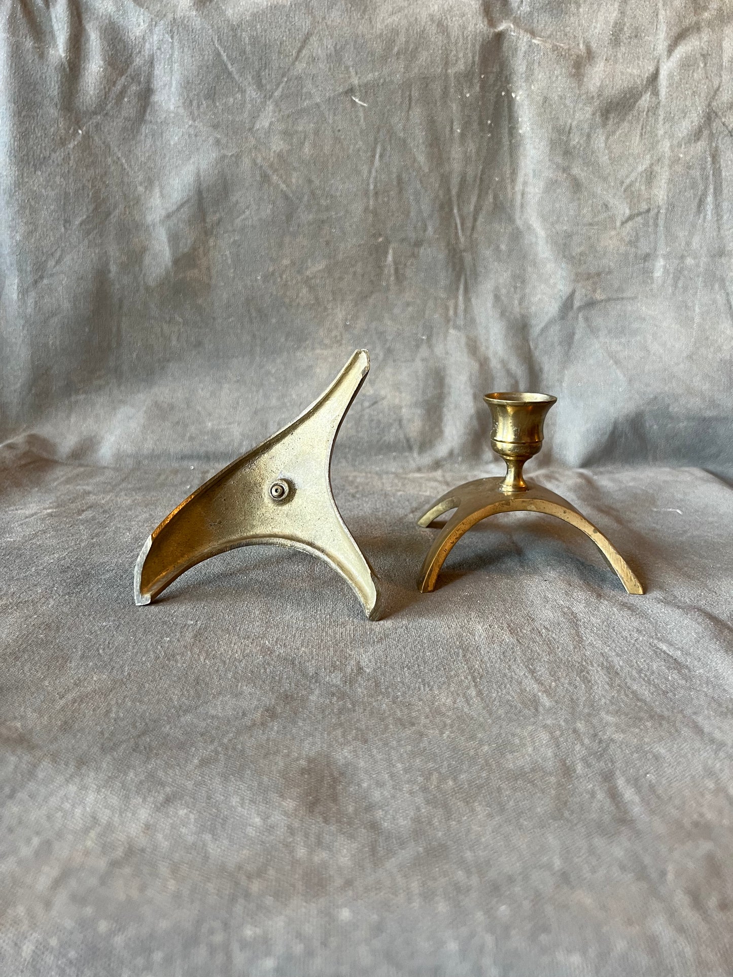 Pair of Vintage Brass Atomic Retro Curved Tripod Leg Candle Holders