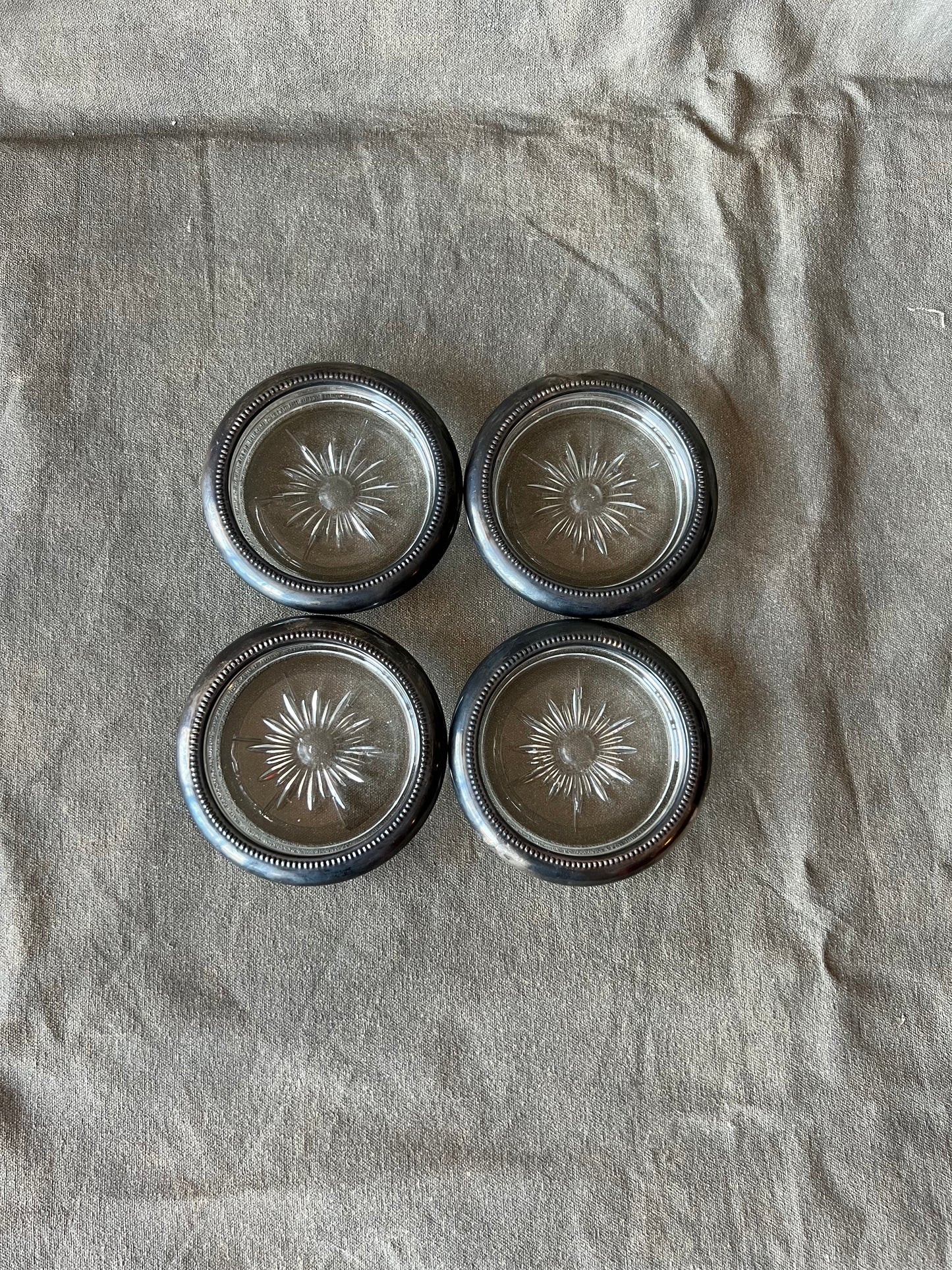 Set of Four Vintage Leonard Glass and Silverplate Coasters