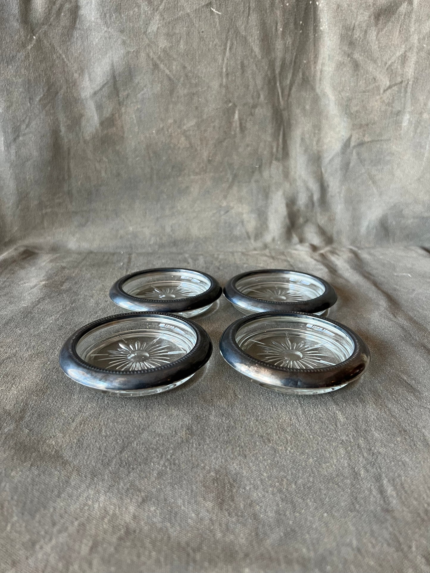 Set of Four Vintage Leonard Glass and Silverplate Coasters