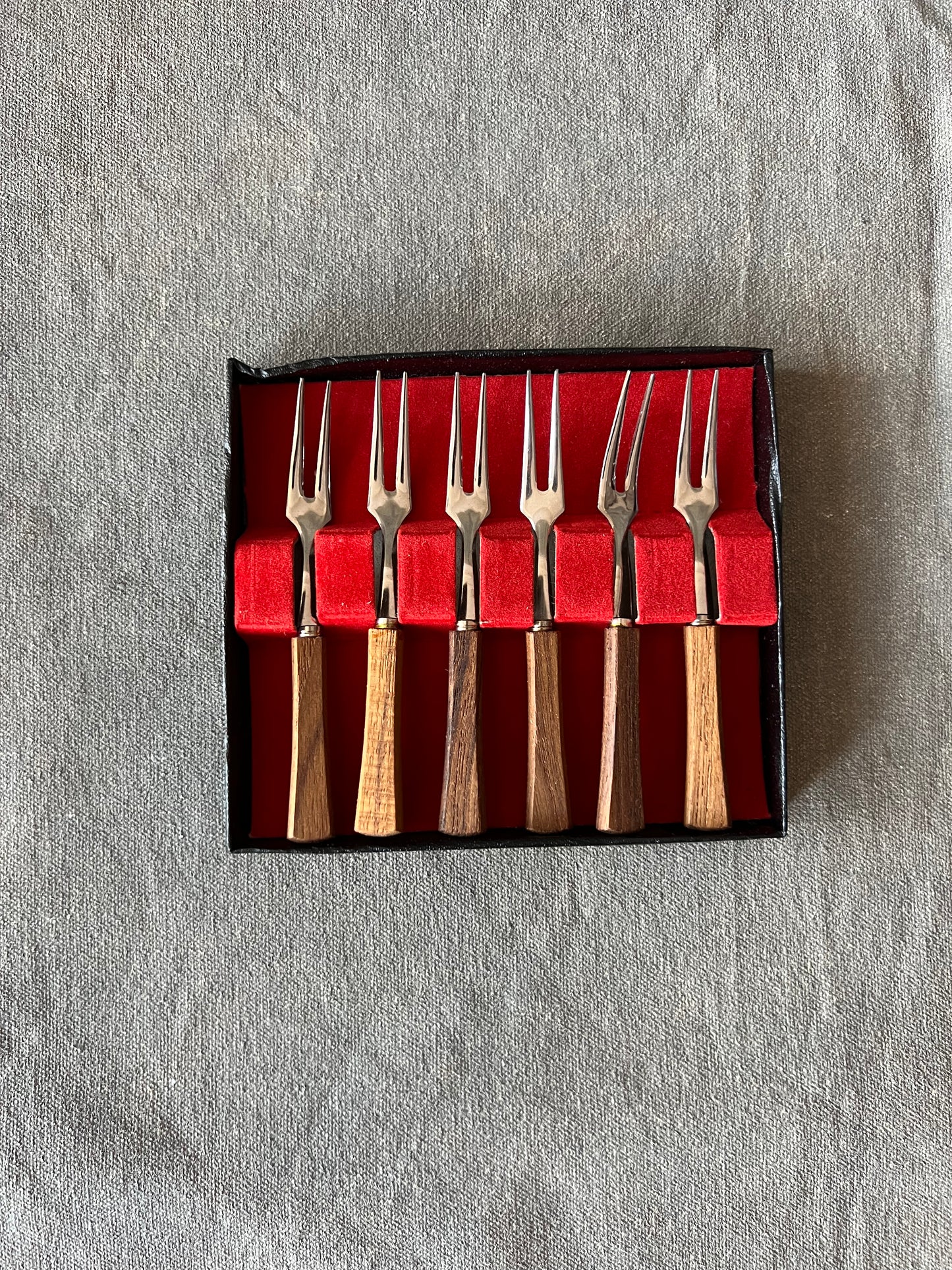 Set of Six New Vintage Stainless Steel and Teak Handled Cocktail Forks