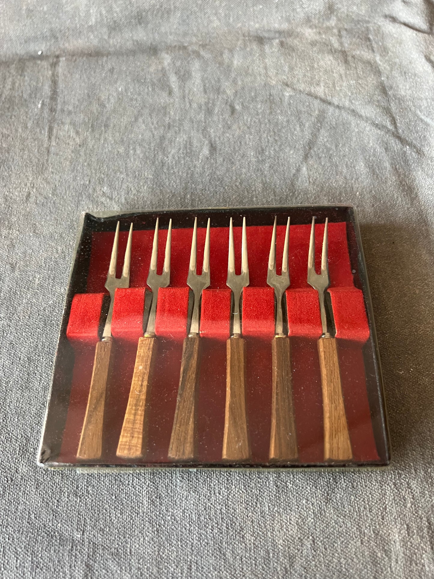 Set of Six New Vintage Stainless Steel and Teak Handled Cocktail Forks