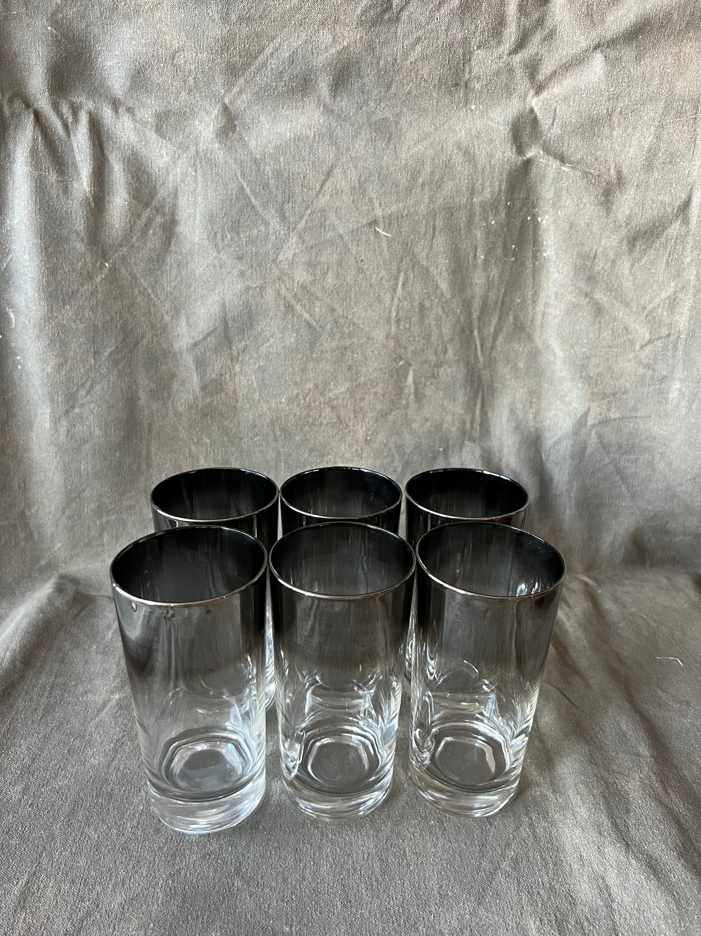 Set of Six Vintage MCM Vitreon Queen's Lusterware Silver Fade High Ball Glasses