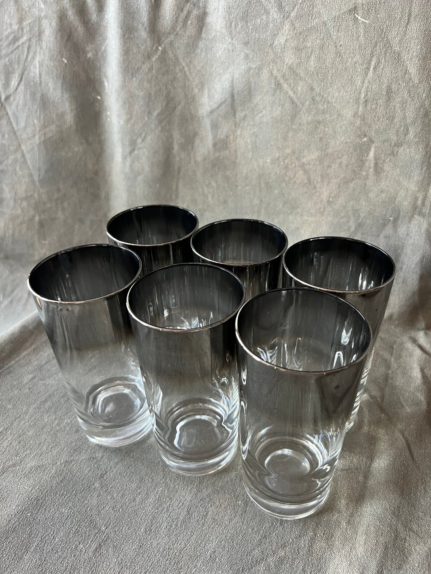 Set of Six Vintage MCM Vitreon Queen's Lusterware Silver Fade High Ball Glasses