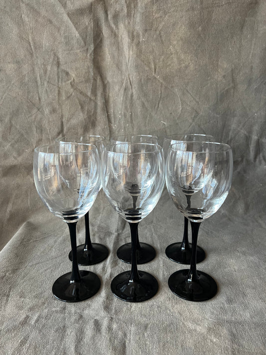 Set of Six Vintage French Cristal D'Arques-Durand Black Domino Claret Wine Glasses