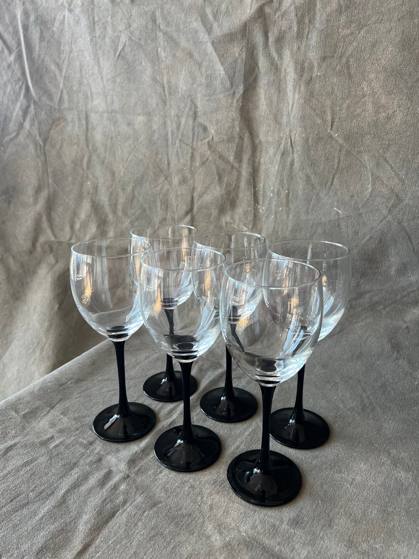 Set of Six Vintage French Cristal D'Arques-Durand Black Domino Claret Wine Glasses