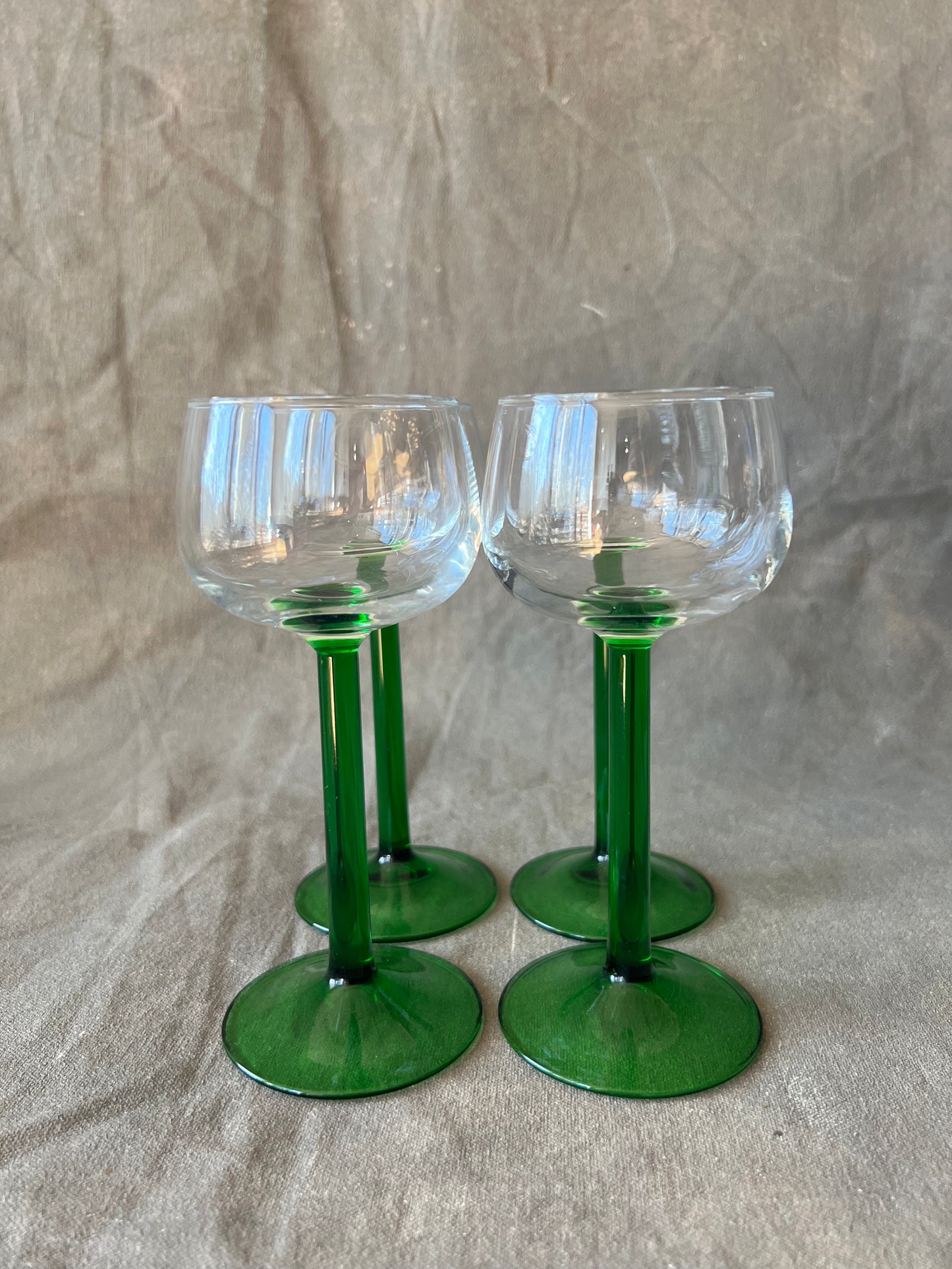 Set of Four Vintage French Luminarc Petite Green Stemmed Wine Glasses