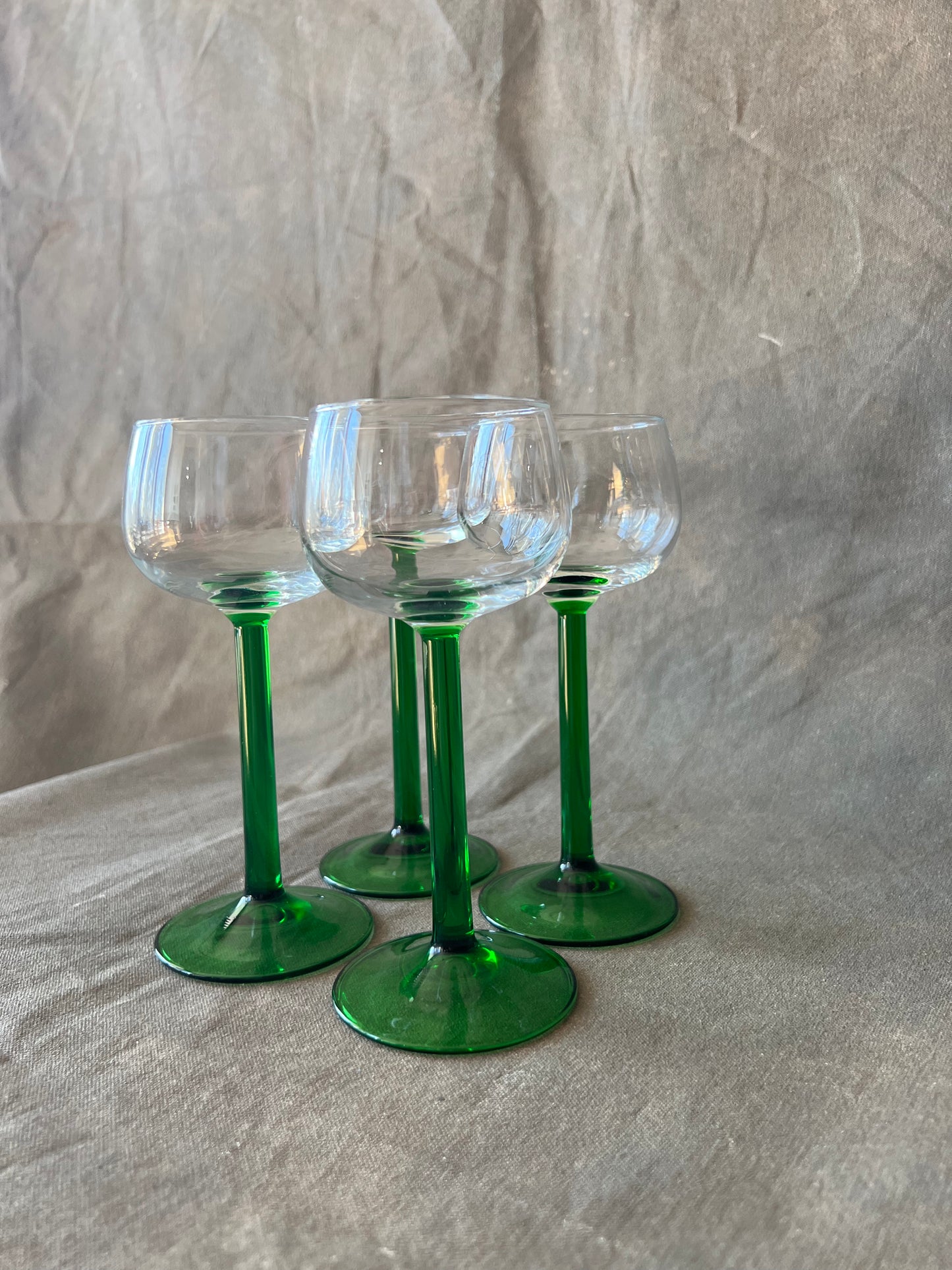 Set of Four Vintage French Luminarc Petite Green Stemmed Wine Glasses