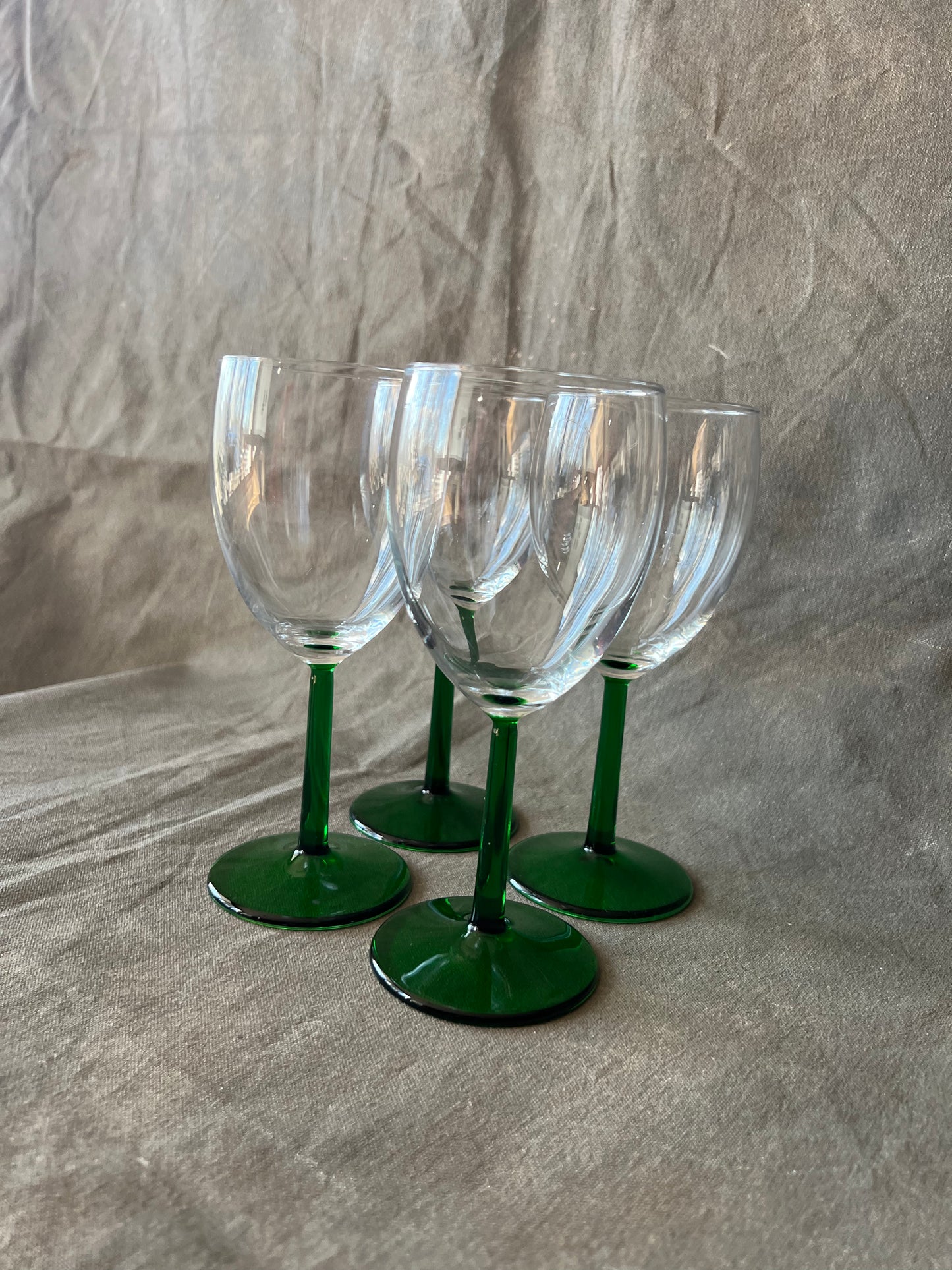 Set of Four Vintage French Luminarc Green Stemmed Wine Glasses