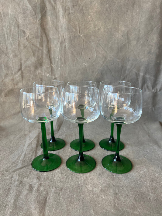 Set of Six Vintage French Luminarc Petite Green Stemmed Wine Glasses